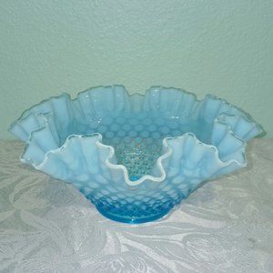 Vintage Fenton Hobnail Blue Opalescent Large Ruffle Top Bowl